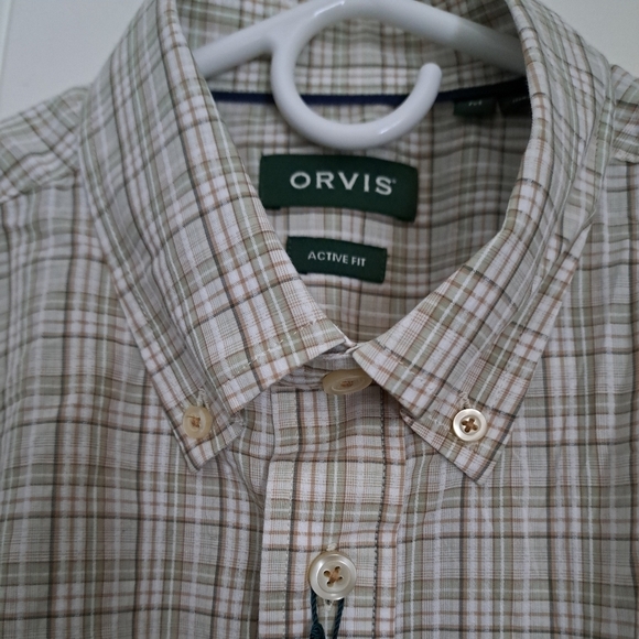 ORVIS Active Fit check shirt oatmeal green brown neutral cotton button down M - Picture 8 of 9